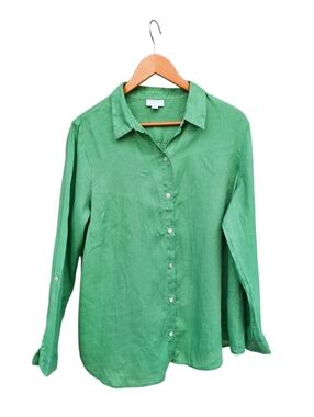 J. Jill Love Linen Emeral Green 100% Linen Long Sleeve Button Down Shirt Size L